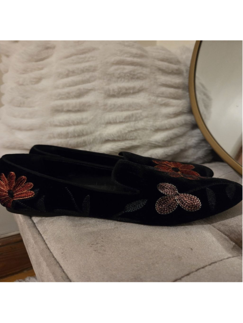 Women's Birdies Black Velvet Floral Embroidered Loafers Size 8 - Picture 6 of 14